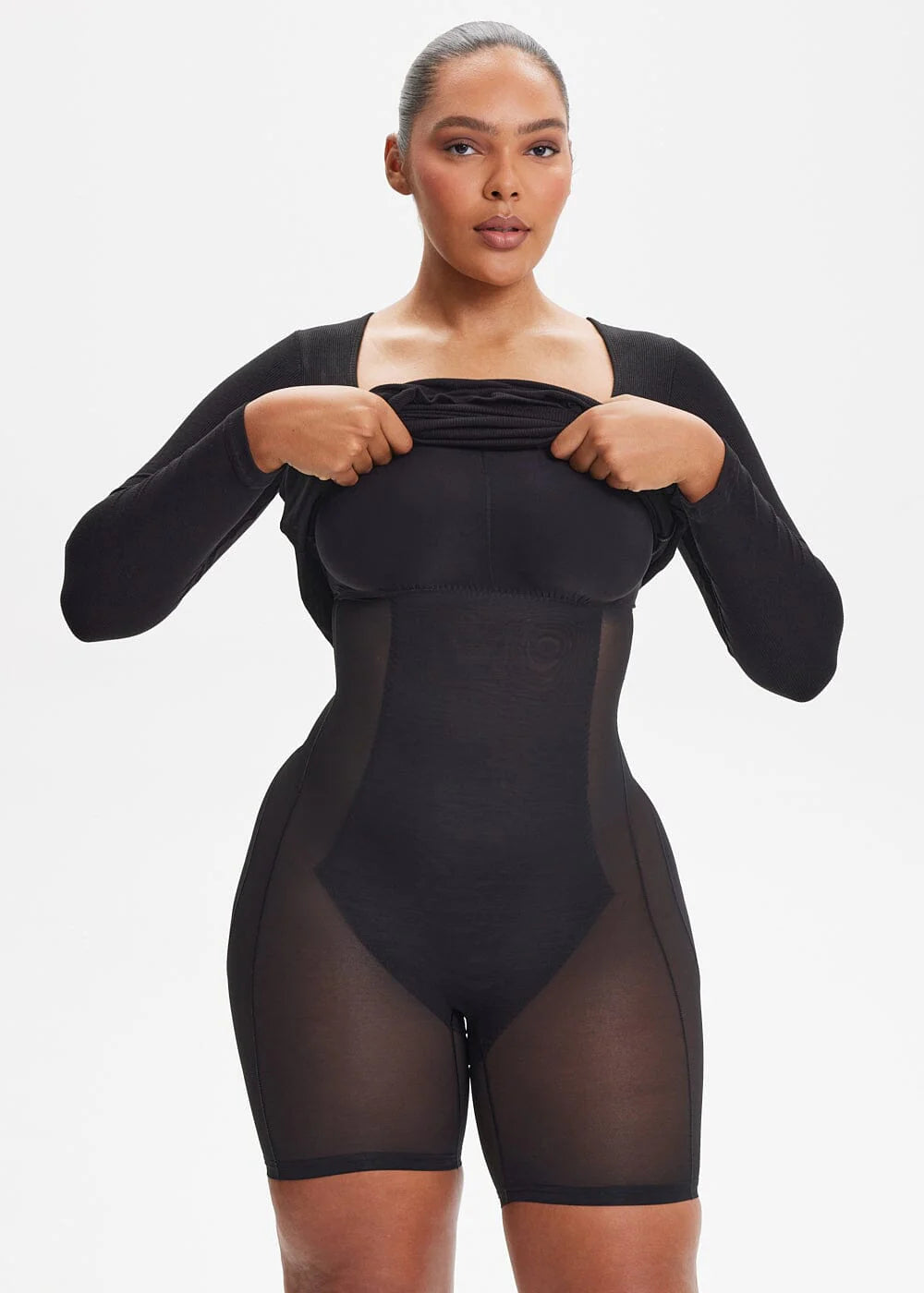 Built-In Shapewear Shorts Long Sleeve Midi Dress